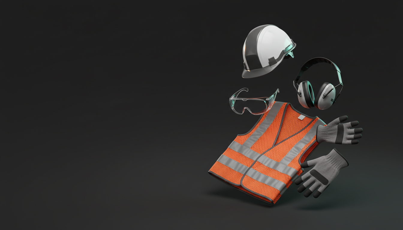Equipamentos de segurança do trabalho: capacete, óculos de proteção, colete refletivo, protetor auricular e luvas