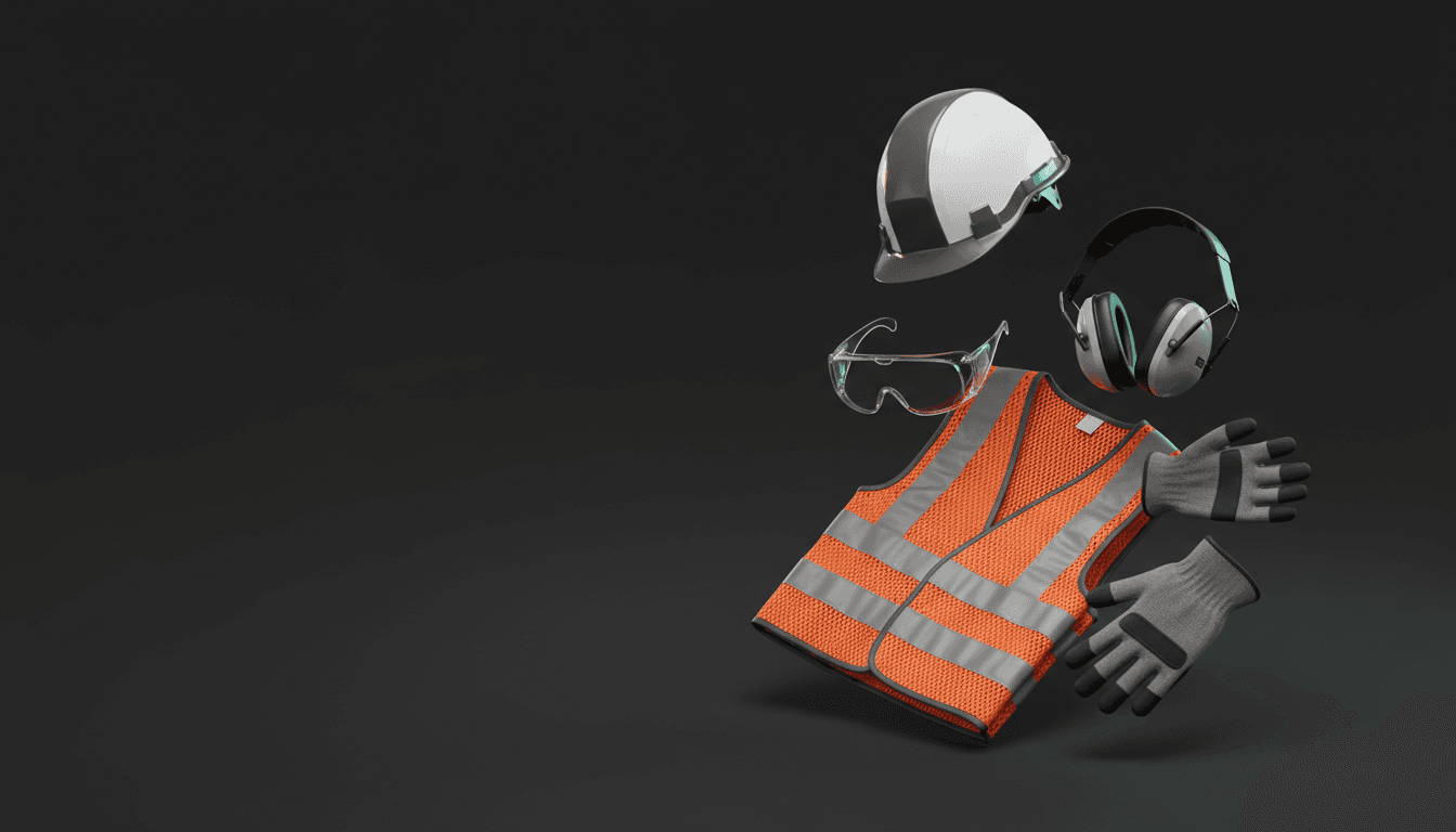 Equipamentos de segurança do trabalho: capacete, óculos de proteção, colete refletivo, protetor auricular e luvas